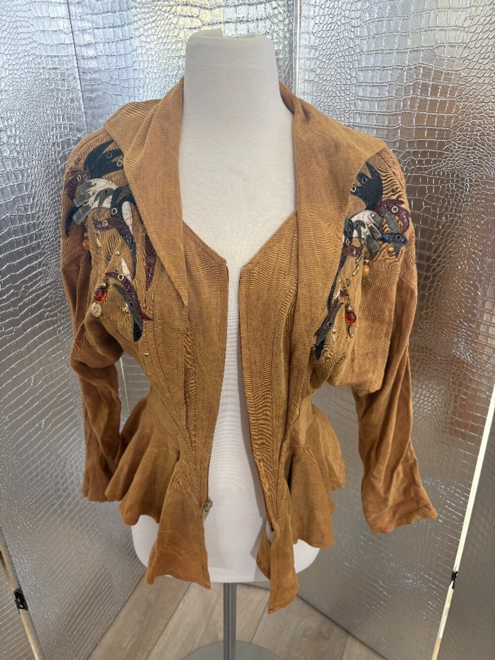 80's Vintage Art to Wear IIF Tan Peplum Jacket with Leather Appliques
